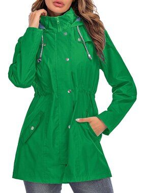 Women's Tree Green Hooded Striped Lined Waterproof Hiking Packable Rain Jacket